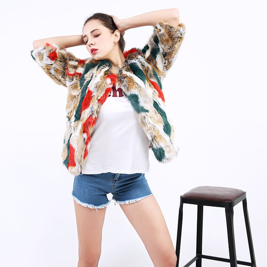 Damen Flauschige Kunstpelzjacke mit lebhaftem Muster und weit geschnittenen Ärmeln R&B