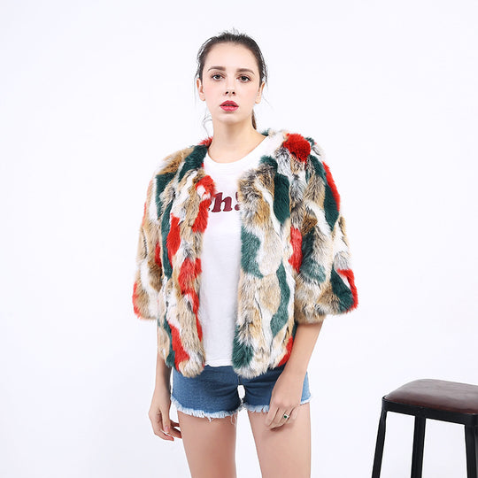 Damen Flauschige Kunstpelzjacke mit lebhaftem Muster und weit geschnittenen Ärmeln R&B