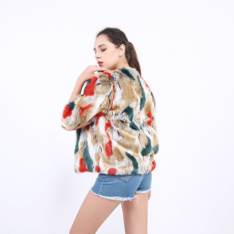 Damen Flauschige Kunstpelzjacke mit lebhaftem Muster und weit geschnittenen Ärmeln R&B