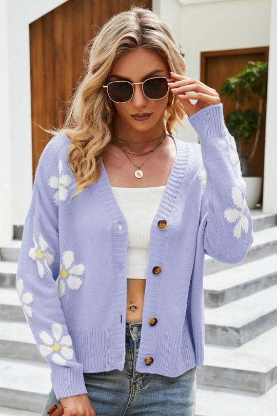 R&B | Floral Ribbed Trim Drop Shoulder Cardigan