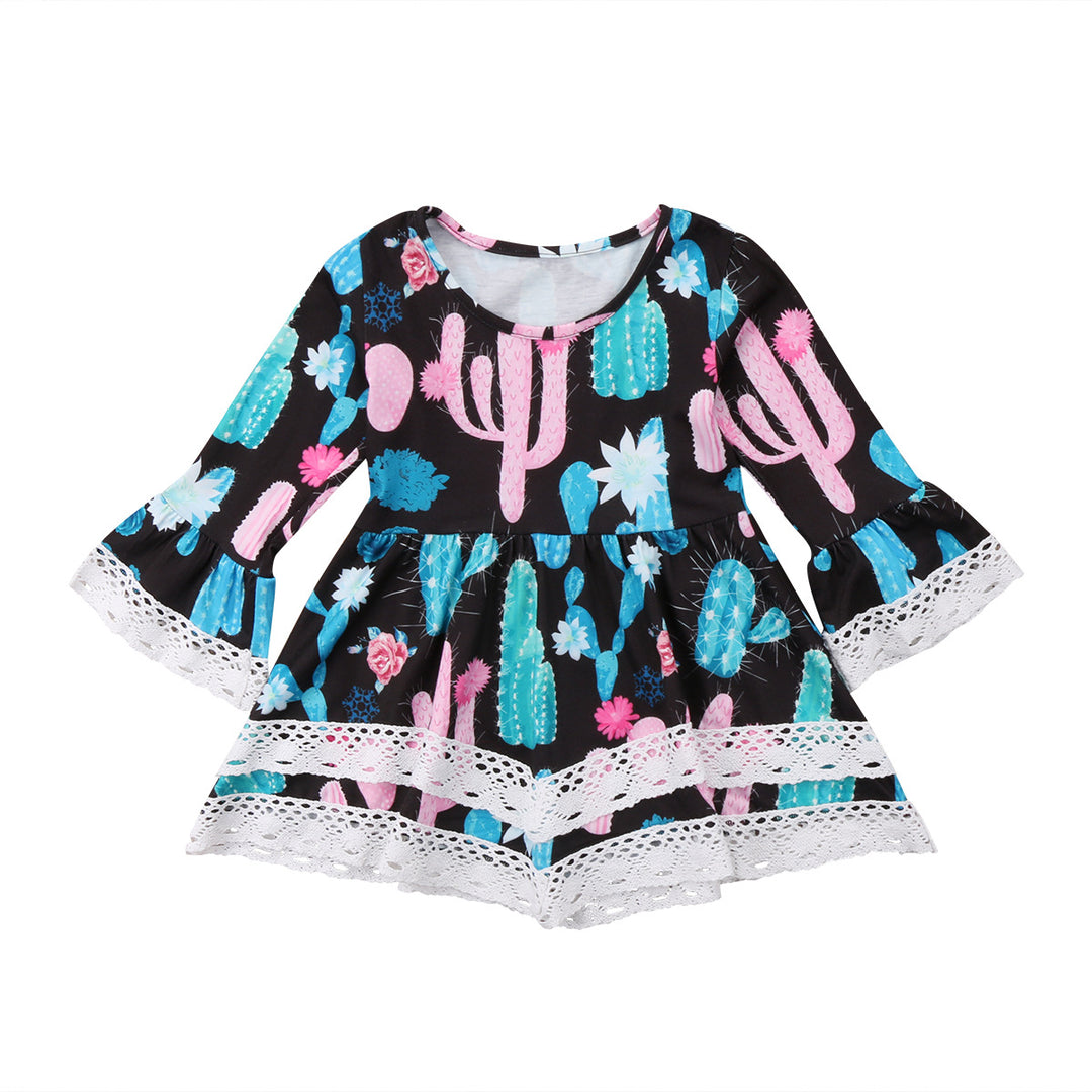 Damen Sommerliches Kleid mit kreativem Kaktus-Design und Spitzenakzenten R&B