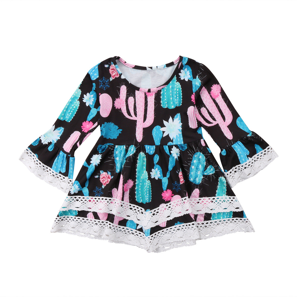 Damen Sommerliches Kleid mit kreativem Kaktus-Design und Spitzenakzenten EB