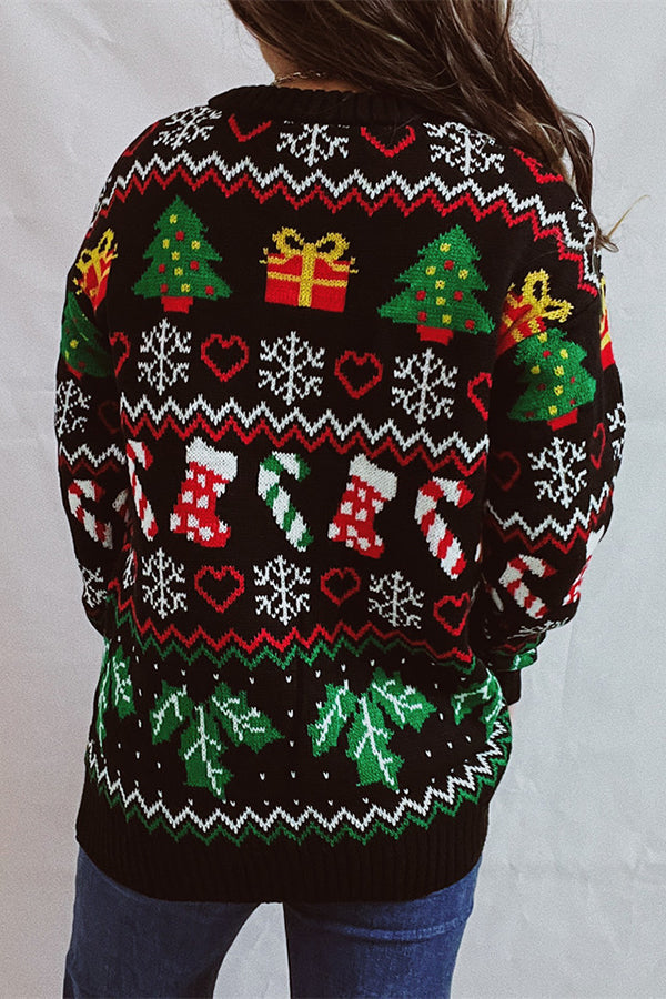 R&B | Weihnachtsmuster Gestrickter Rundhalsausschnitt Langarmpullover