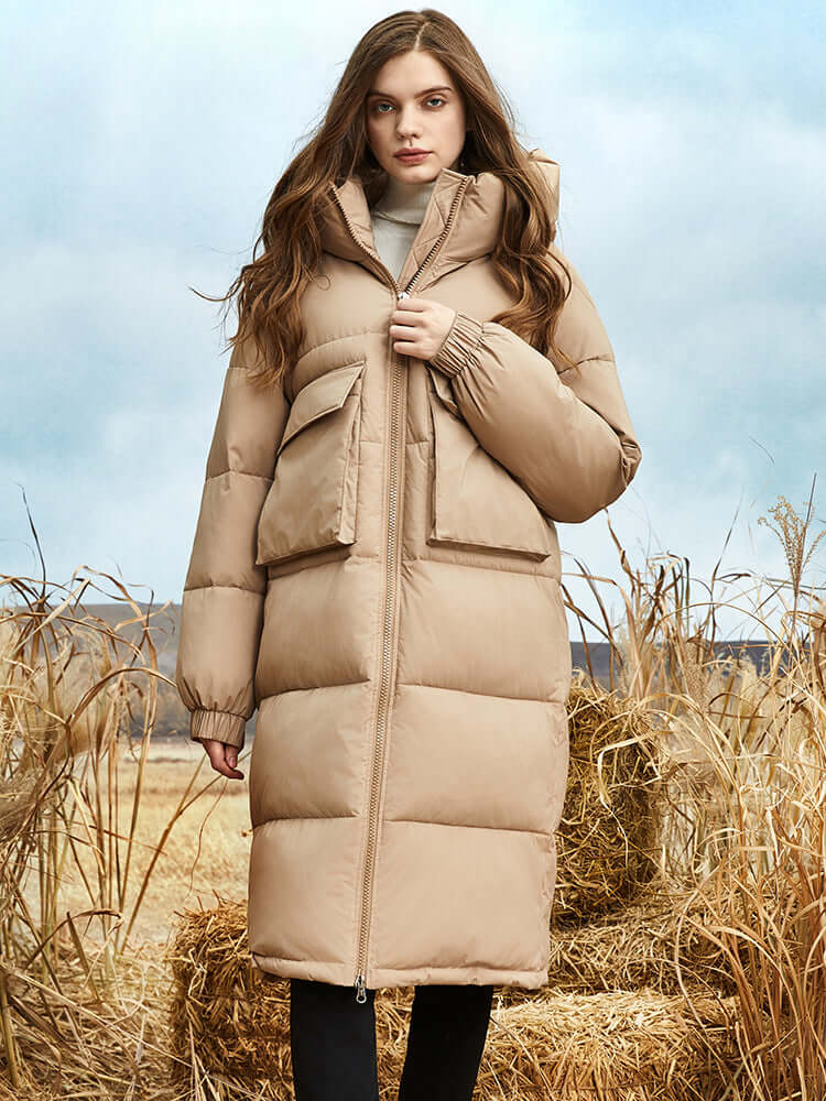 R&B | Damen Lange Winter Pufferjacke mit Kapuze