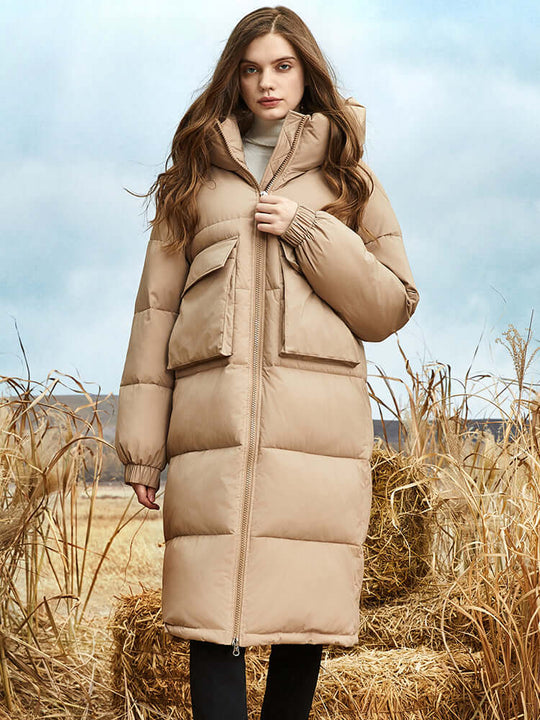 R&B | Damen Lange Winter Pufferjacke mit Kapuze