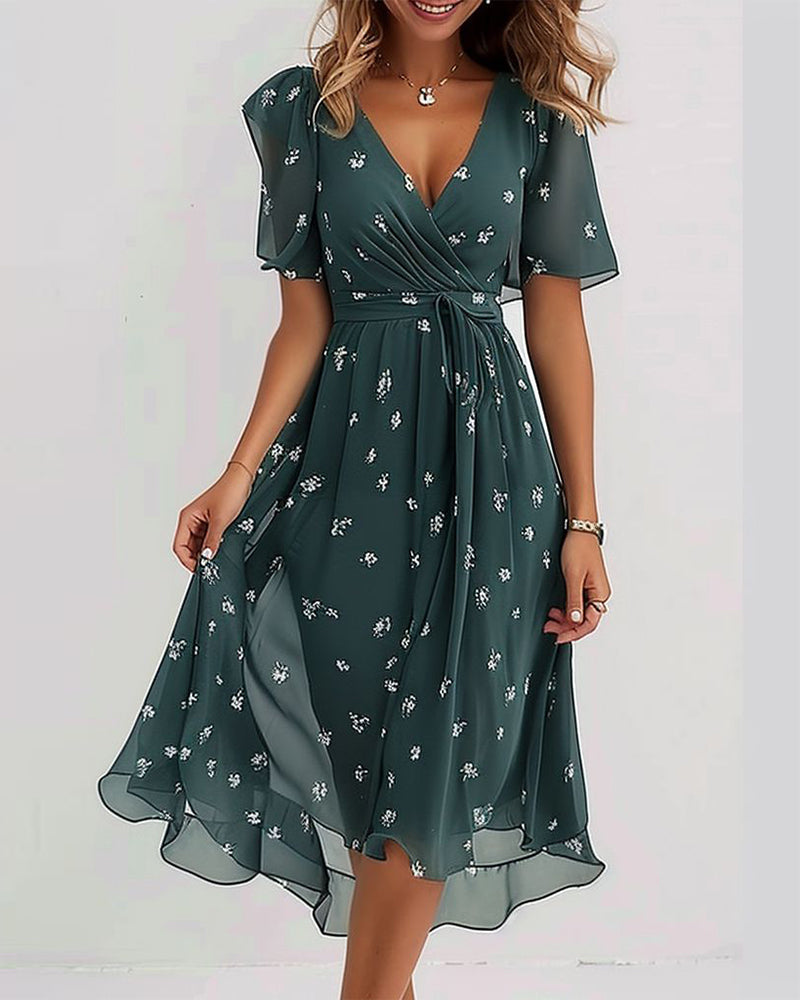 R&B | Elegantes Bedrucktes Kleid mit V-Ausschnitt und Krawatte