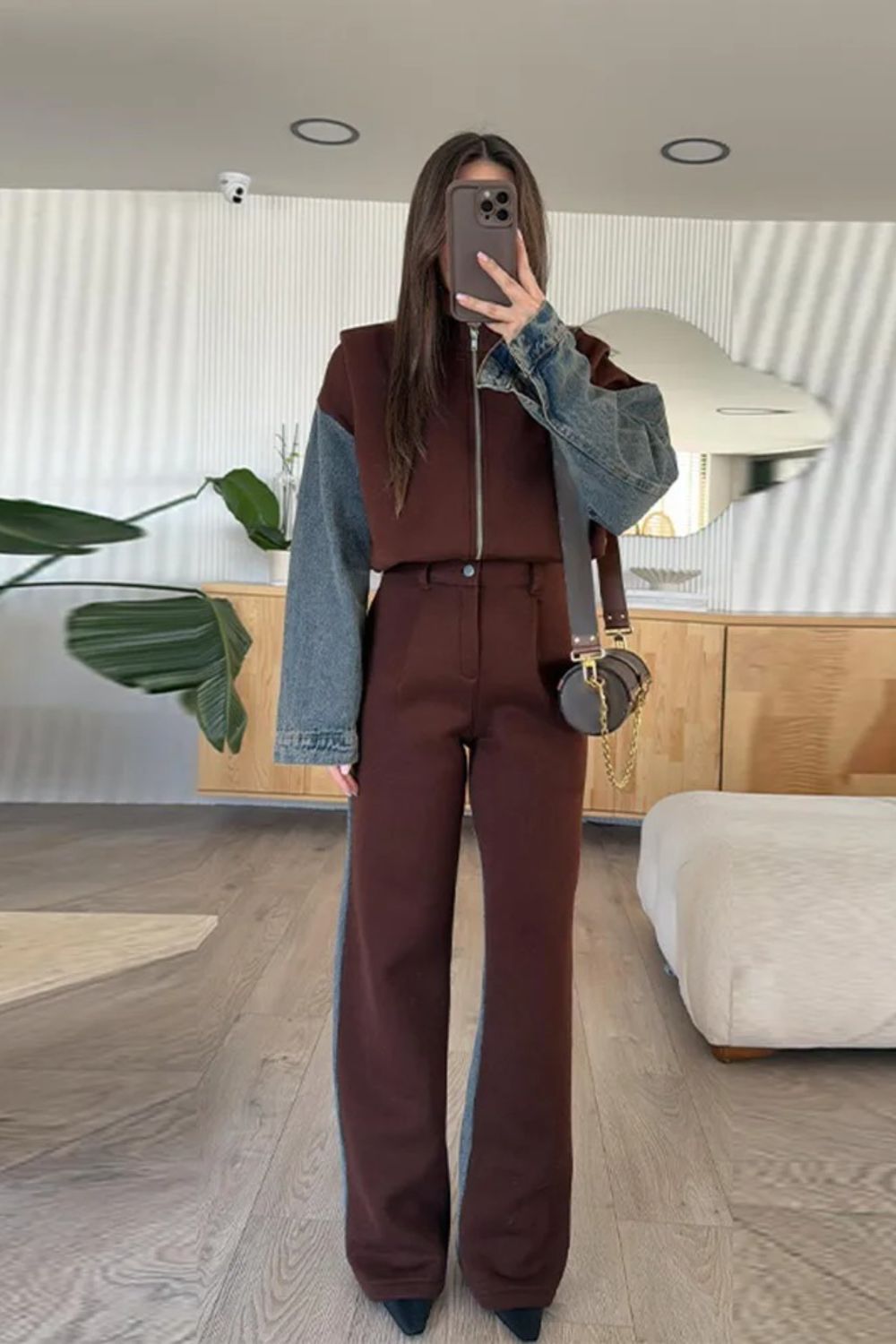 R&B | Lässige Denim-Patchwork-Sweatshirtjacke mit Reißverschluss
