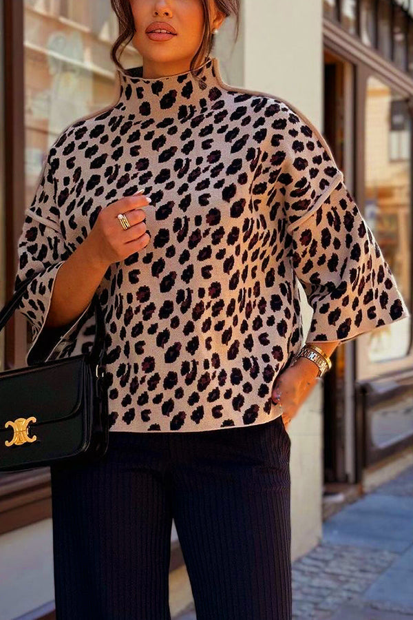 R&B | Strickpullover mit Leopardenmuster und lockerem Rollkragen