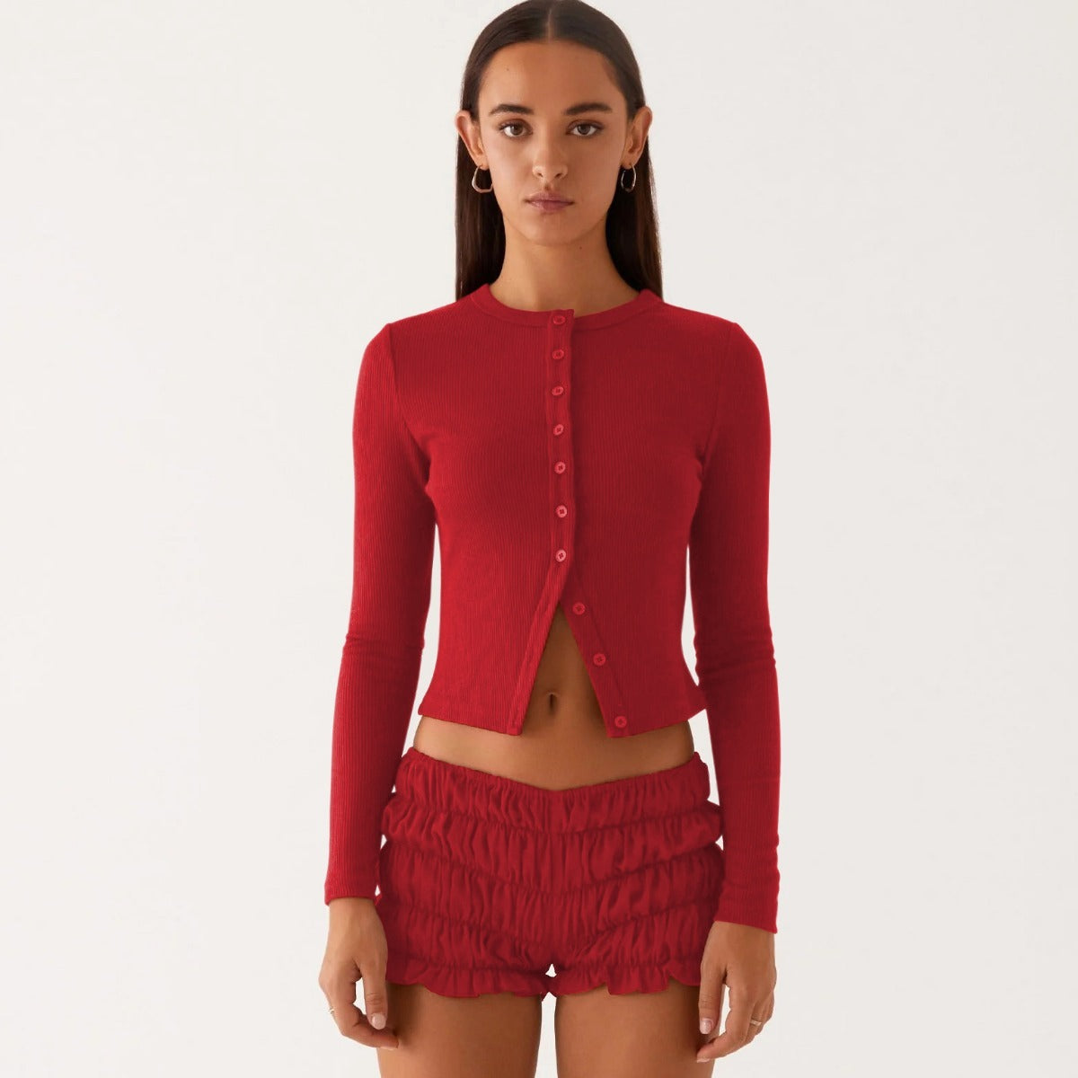 R&B | Einfarbige schmal geschnittene lange Strickjacke