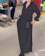 Evia | Lockeres langes Kleid mit Revers und Seitenschlitz
