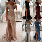 Glitzerndes Damen Abendkleid Schulterfreies Maxikleid mit Schlitz für Hochzeit & Fest | R&B