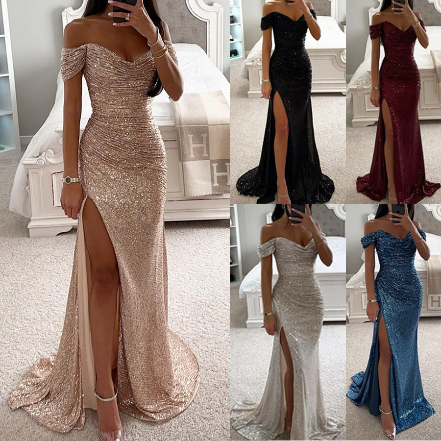 Glitzerndes Damen Abendkleid Schulterfreies Maxikleid mit Schlitz für Hochzeit & Fest | R&B