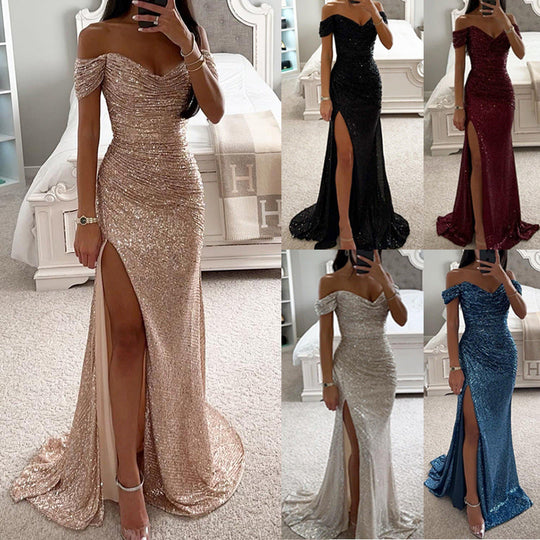 Glitzerndes Damen Abendkleid Schulterfreies Maxikleid mit Schlitz für Hochzeit & Fest | R&B