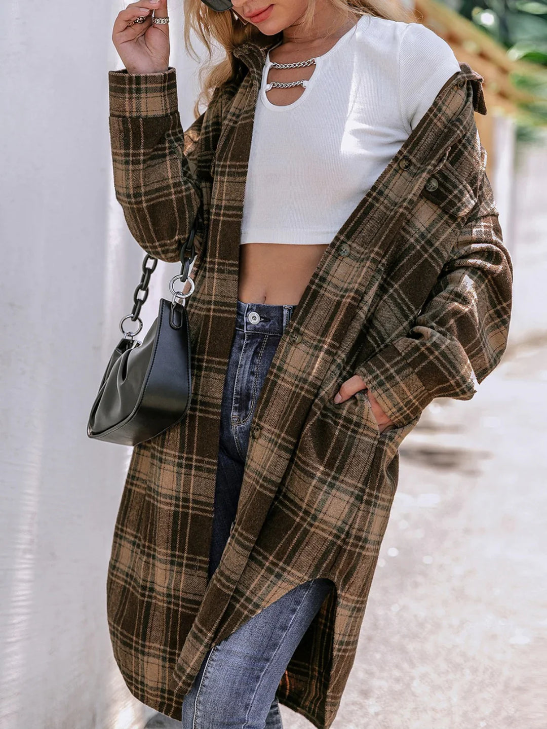 R&B | Karierter Wollmix Langmantel mit Reverskragen - Lässig sitzender Wintermantel für Freizeit- und Businesskleidung