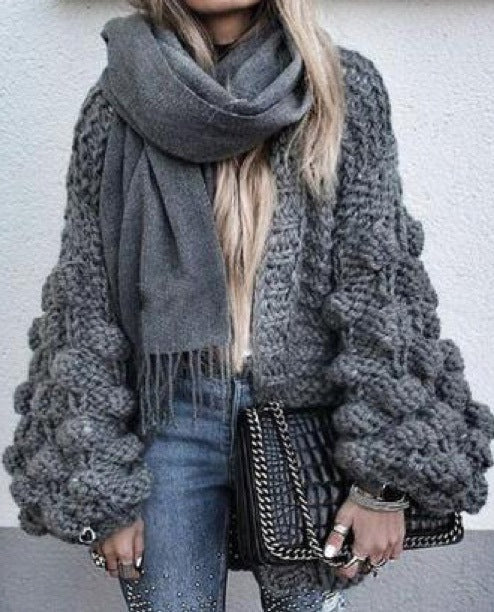 Damen Grob gestrickter Oversized Cardigan mit voluminösen Ärmeln R&B