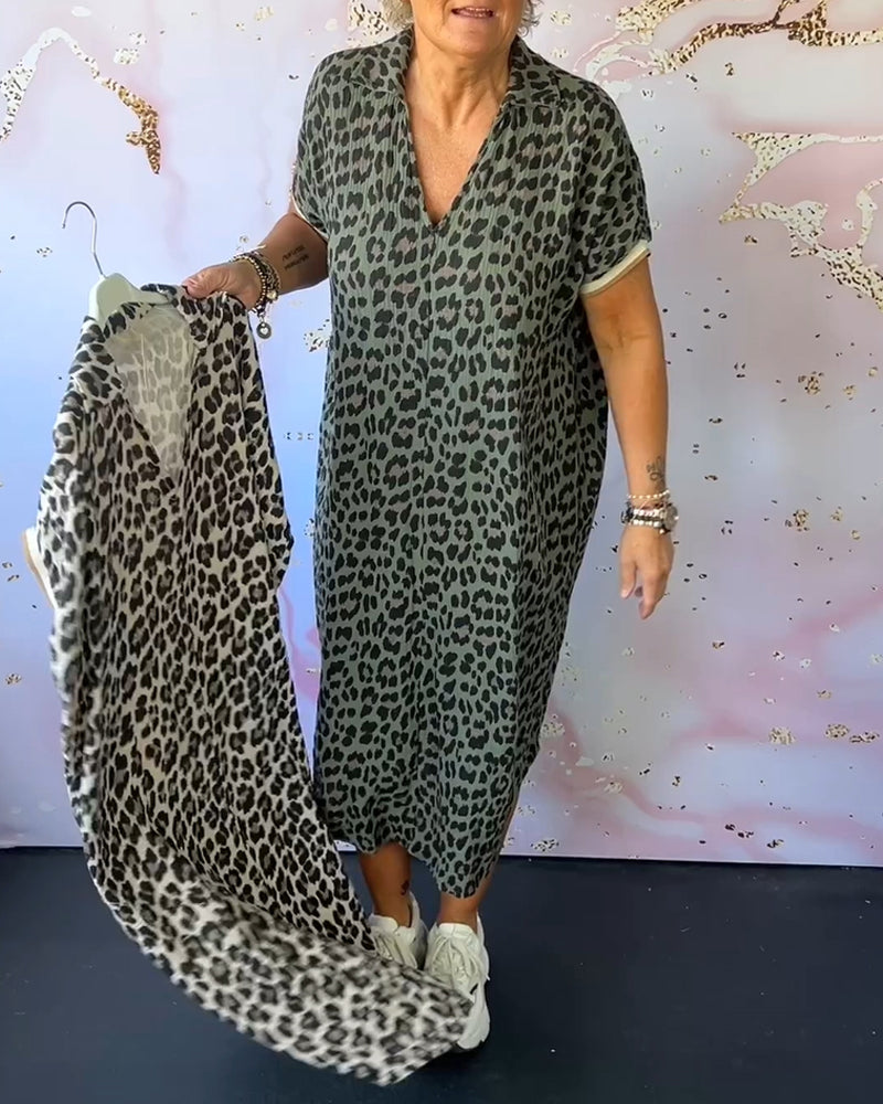 R&B | Entspanntes Kleid mit V-Ausschnitt und Leopardenmuster für Damen