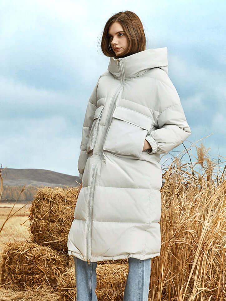 R&B | Damen Lange Winter Pufferjacke mit Kapuze