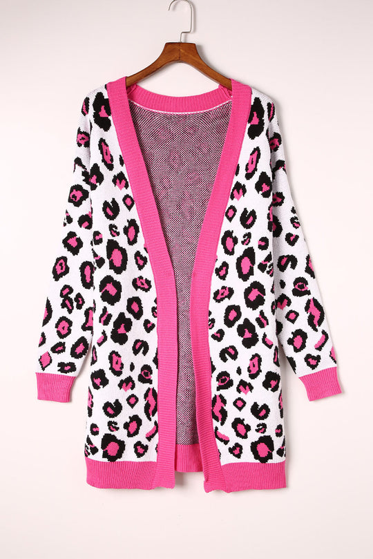 R&B | Leopard-Kontrastbesatz Offene Vorderseite Langarmlange Strickjacke