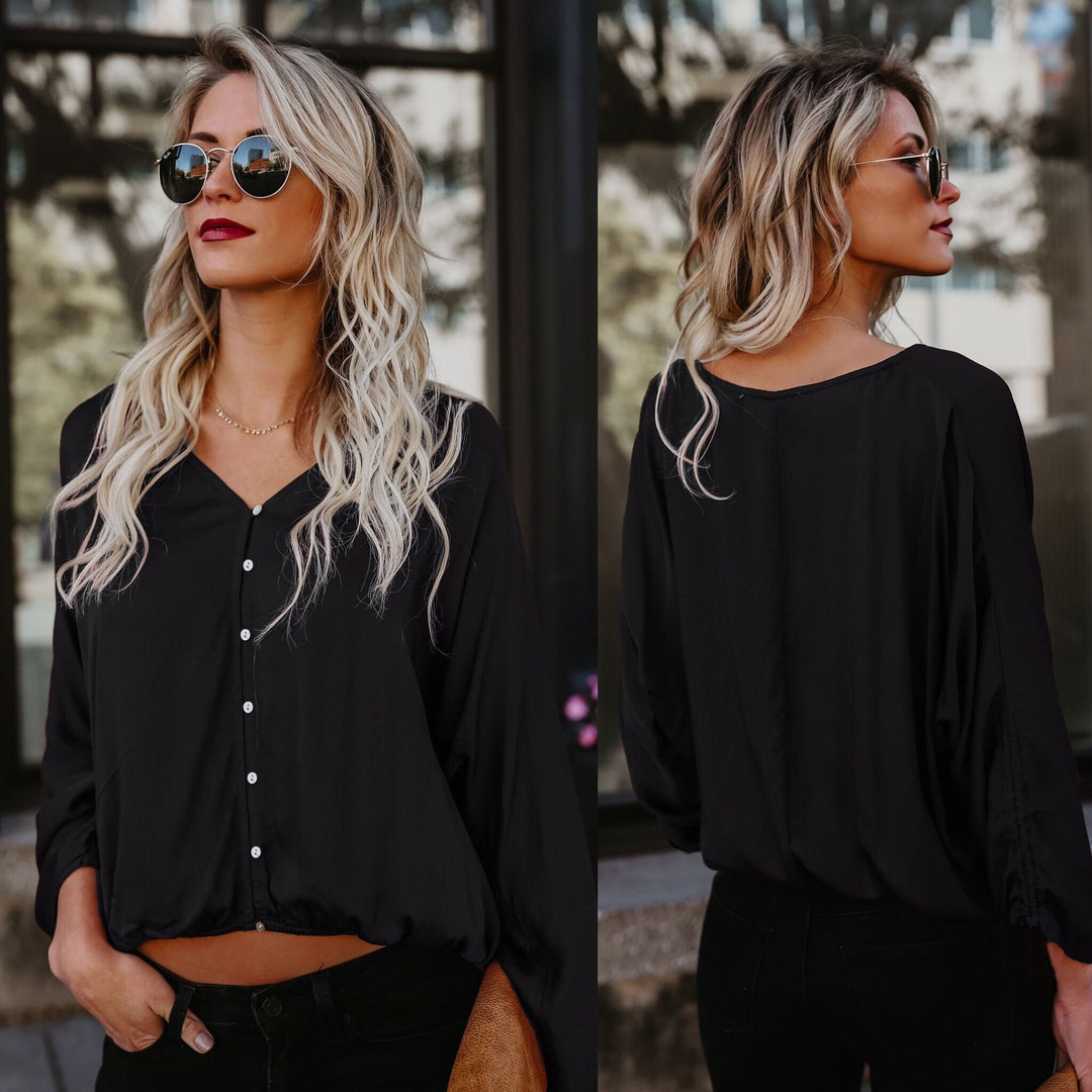 Damen modisches Blusenshirt mit elegantem V-Ausschnitt und dekorativen Knöpfen R&B