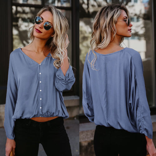 Damen modisches Blusenshirt mit elegantem V-Ausschnitt und dekorativen Knöpfen R&B