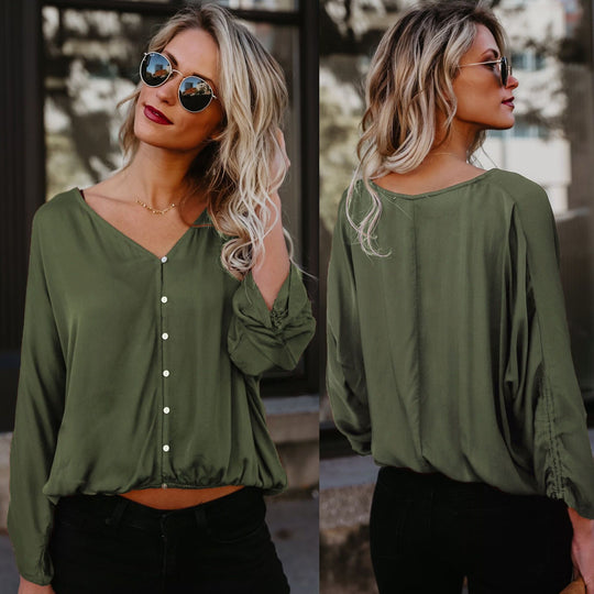 Damen modisches Blusenshirt mit elegantem V-Ausschnitt und dekorativen Knöpfen R&B