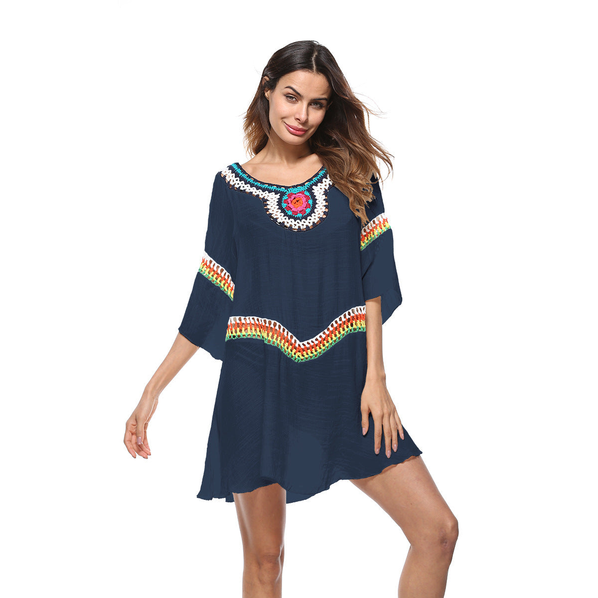 Damen luftiger Strandkaftan mit bunten Stickdetails R&B