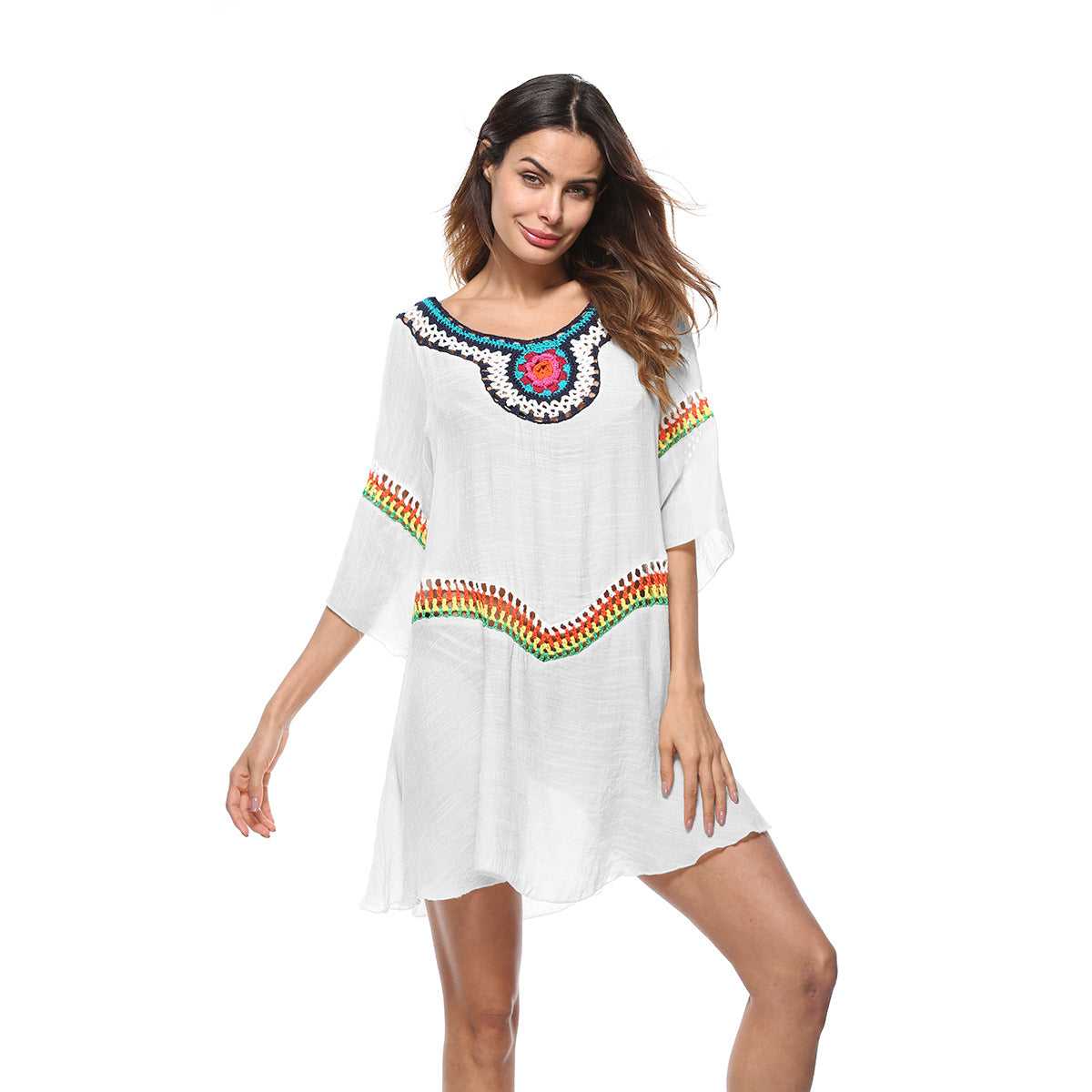 Damen luftiger Strandkaftan mit bunten Stickdetails R&B