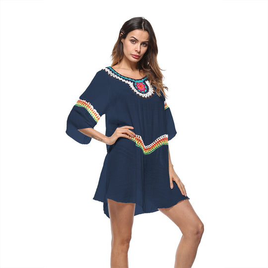 Damen luftiger Strandkaftan mit bunten Stickdetails R&B