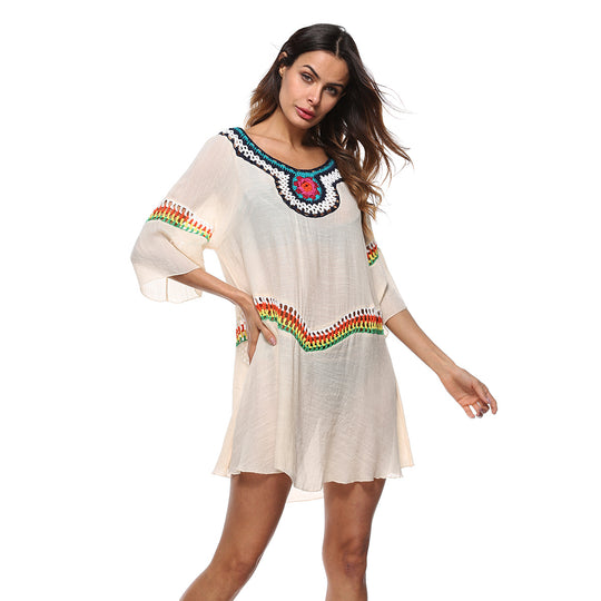 Damen luftiger Strandkaftan mit bunten Stickdetails R&B