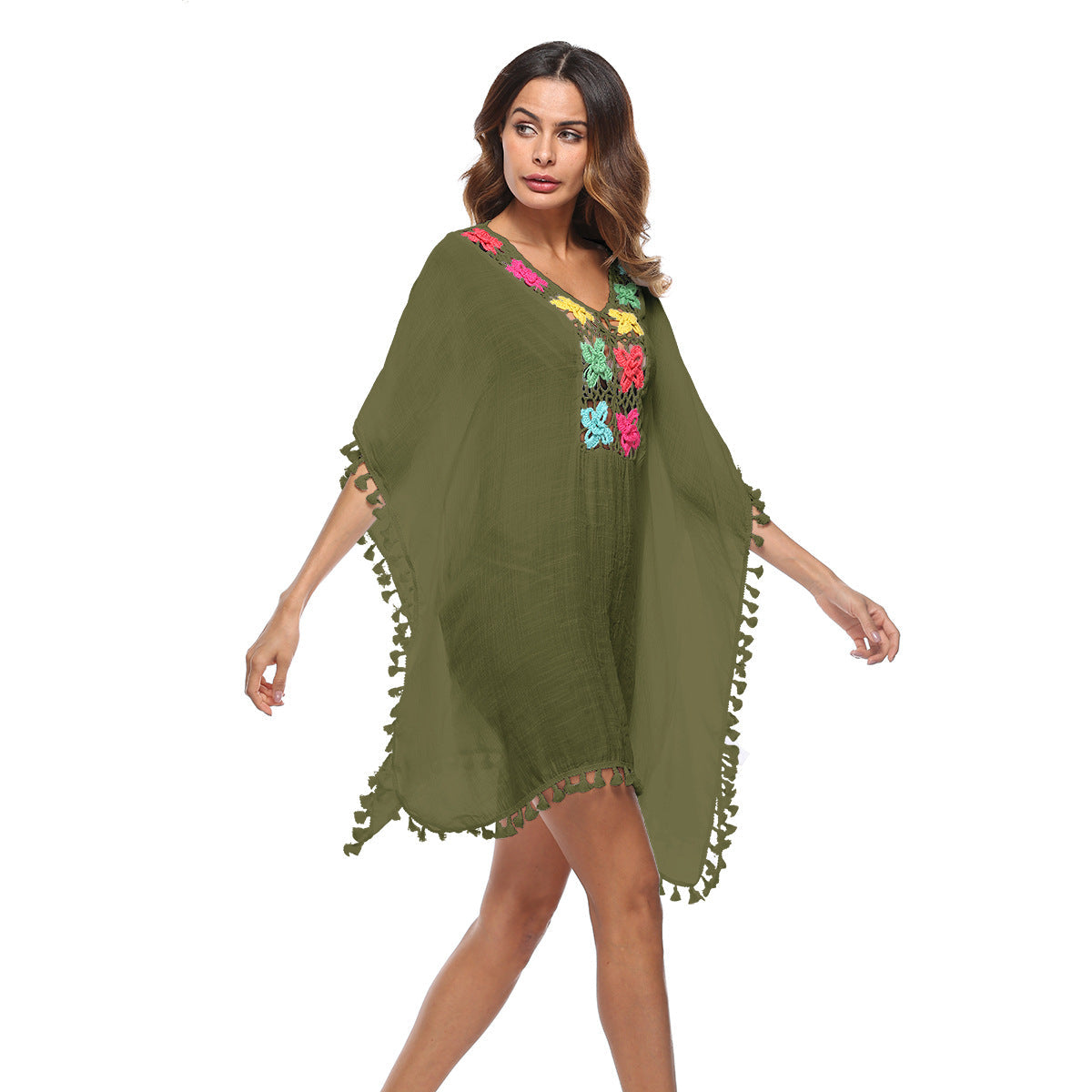 Damen luftiger Kaftan mit bunten Häkelverzierungen R&B