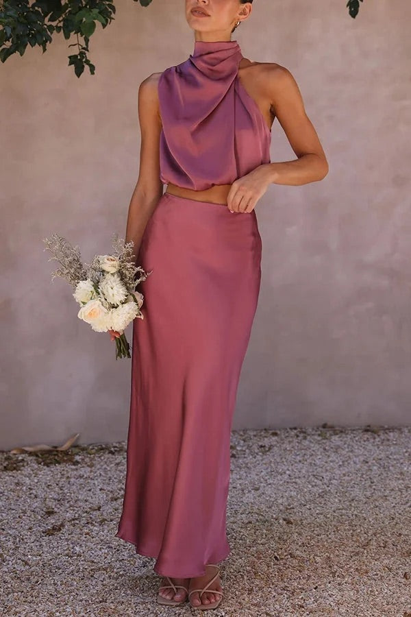 R&B | Solch Eine Stimmung Hochgeschlossene Satin Drapiert Maxirock Set