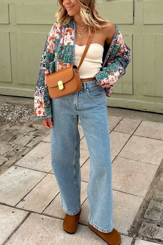 R&B | Bedruckte lockere lässige Strickjacke kurze gesteppte Baumwolljacke