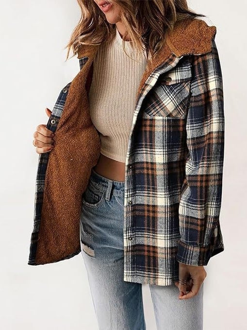 R&B | Plaid Jacke Langarm Schnalle Wolle mit Kapuze