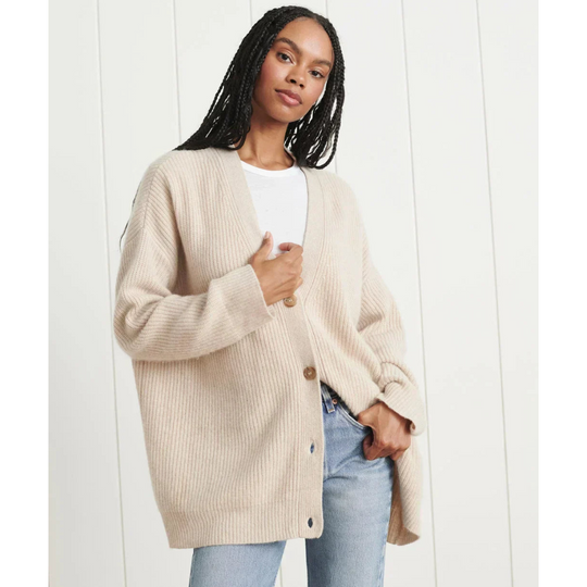 R&B | Lange Strickjacke Lässige Passform Wollmischung V-Ausschnitt Knöpfe