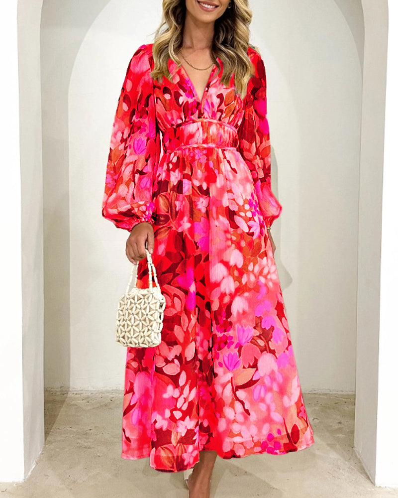 R&B | Elegantes Kleid mit Blumendruck und V-Ausschnitt