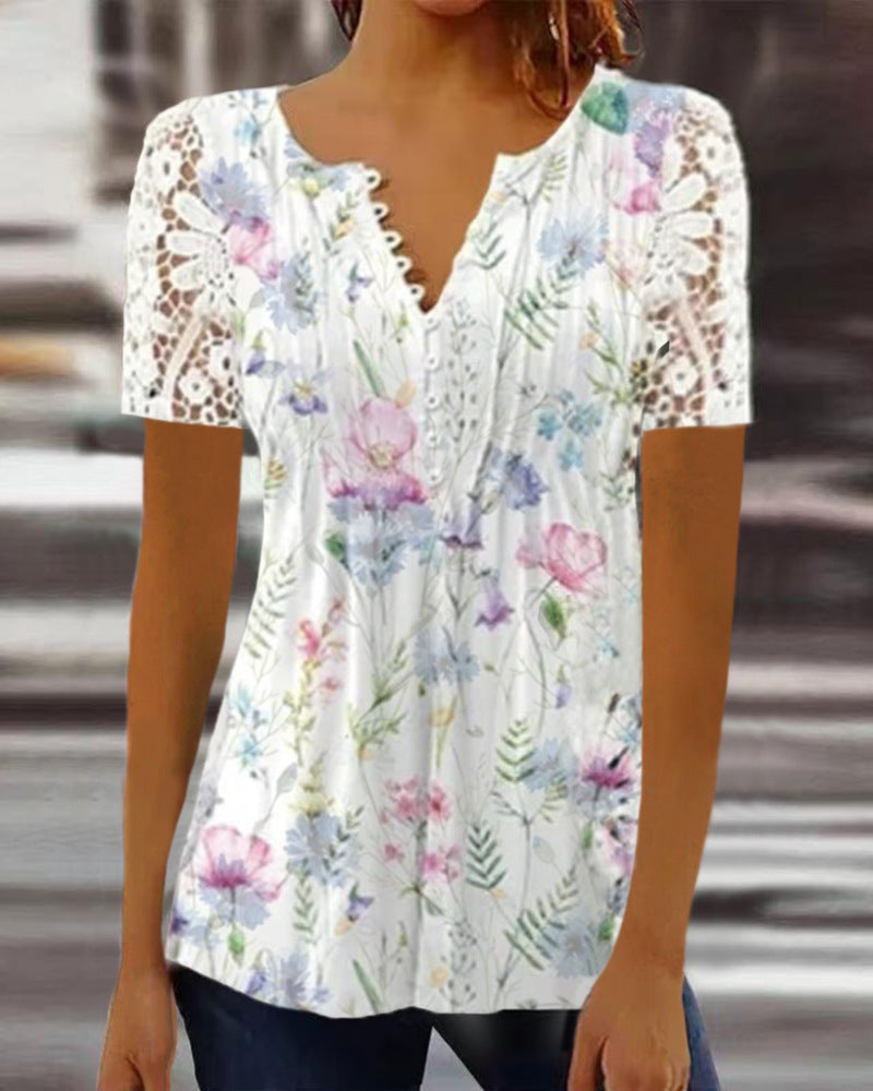 R&B | Elegantes T-Shirt mit Kurzen Ärmeln und V-Ausschnitt Print für Damen