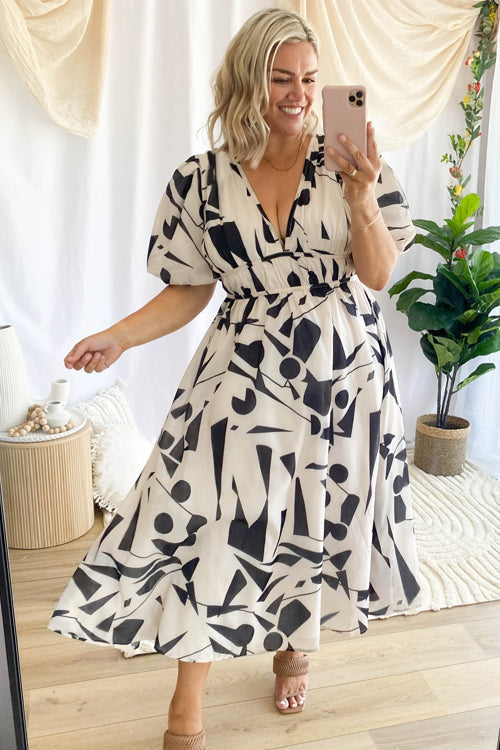 R&B | Real Love Print Puffärmel Maxi Kleid