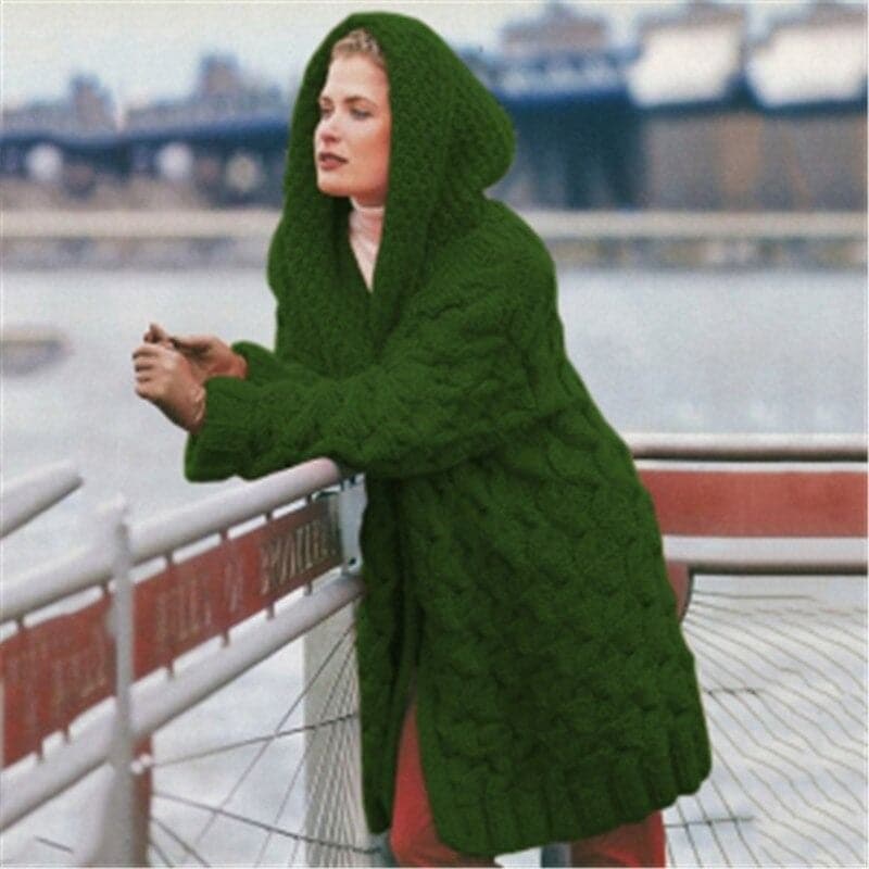 R&B | Gestrickte Strickjacke Langmodell Kabelstrick mit Kapuze Offene Vorderseite
