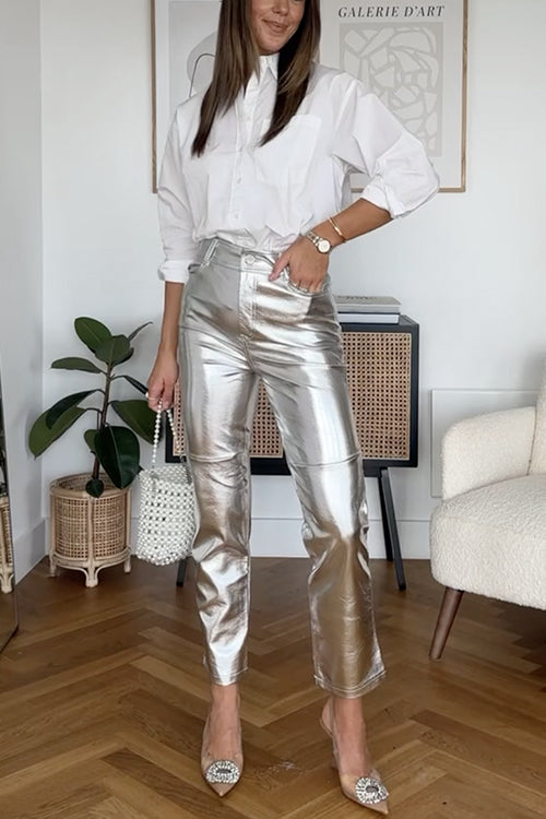 R&B | Rosiedress High Rise Metallic Fauxleder-Cropped-Hose