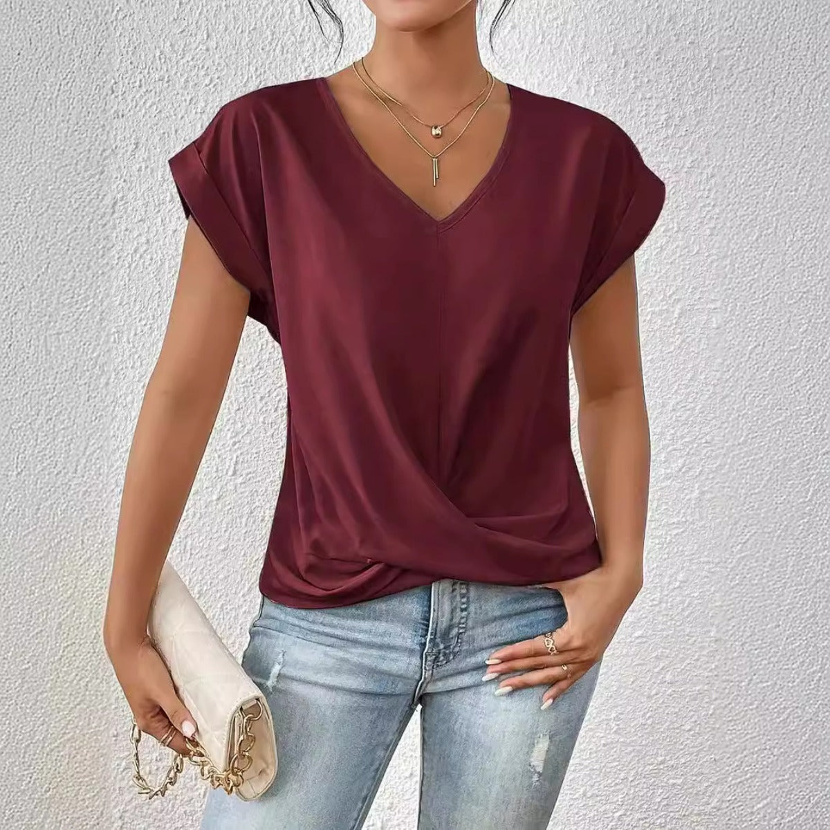 R&B | Einfarbiges T-Shirt mit V-Ausschnitt
