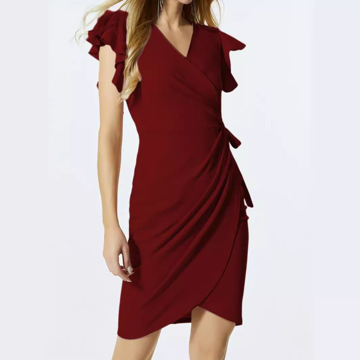 R&B | Kleid mit V-Ausschnitt und plissierten Hornärmeln an der Hüfte