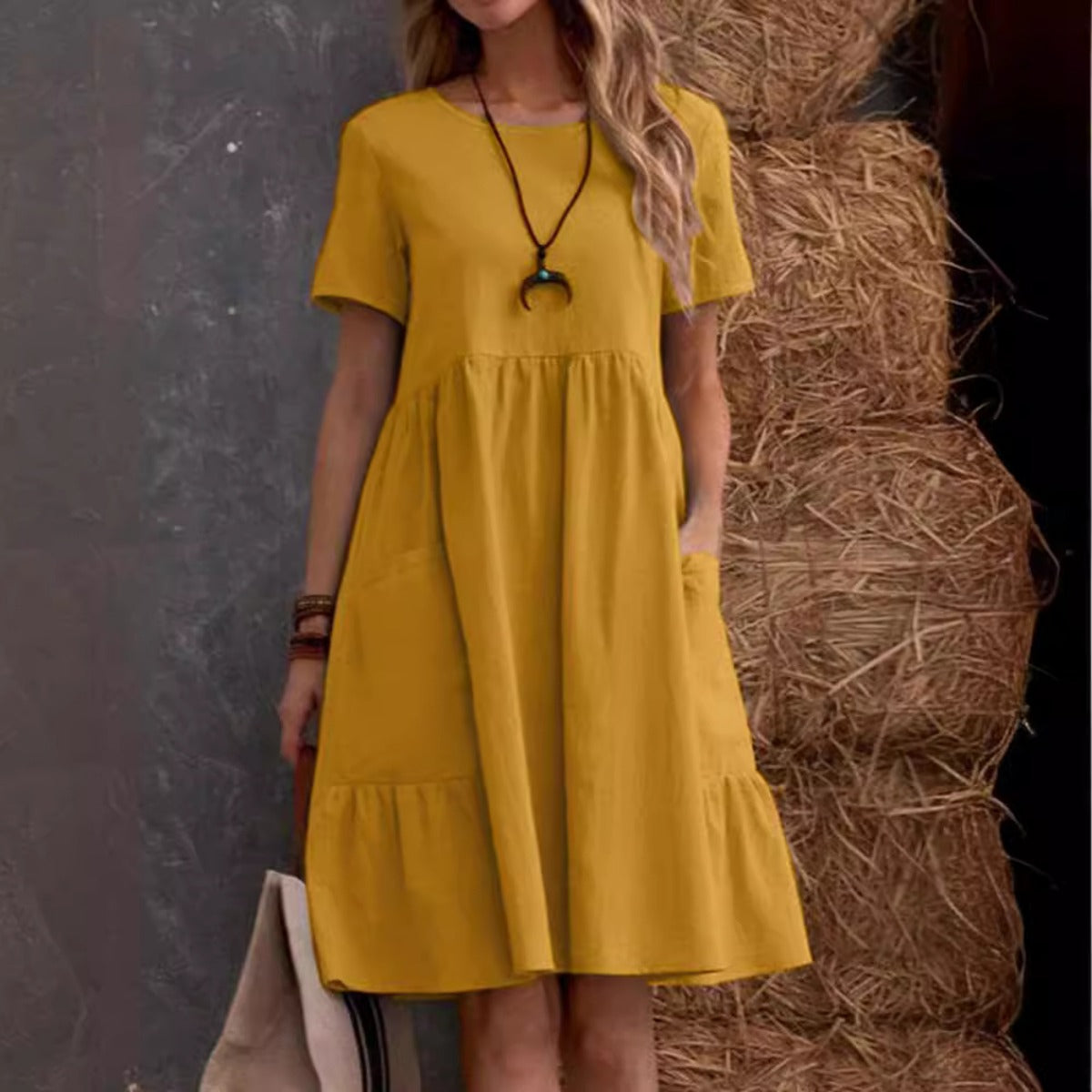 R&B | Lose Tasche einfarbig Rundhalsausschnitt Kleid