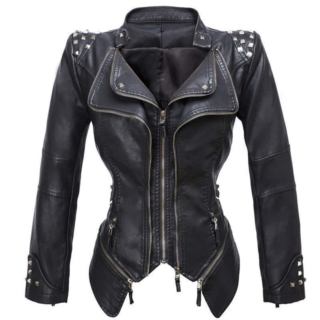 R&B | Damen Enganliegende Genietete Biker Lederjacke