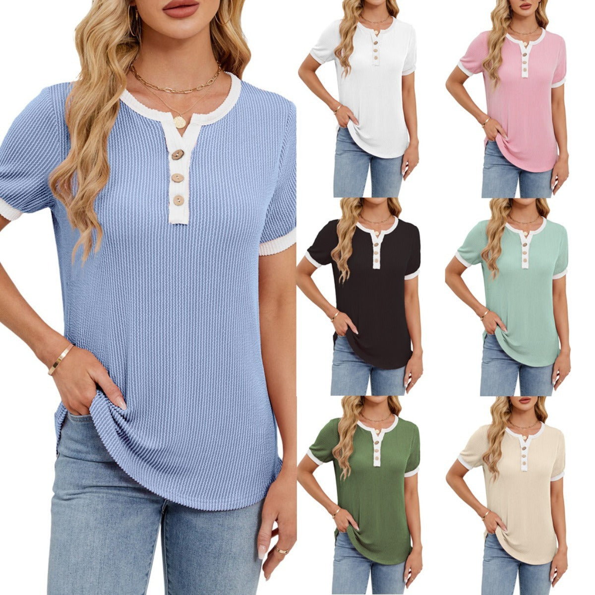 R&B | T-Shirt mit V-Ausschnitt in Uni-Farbe