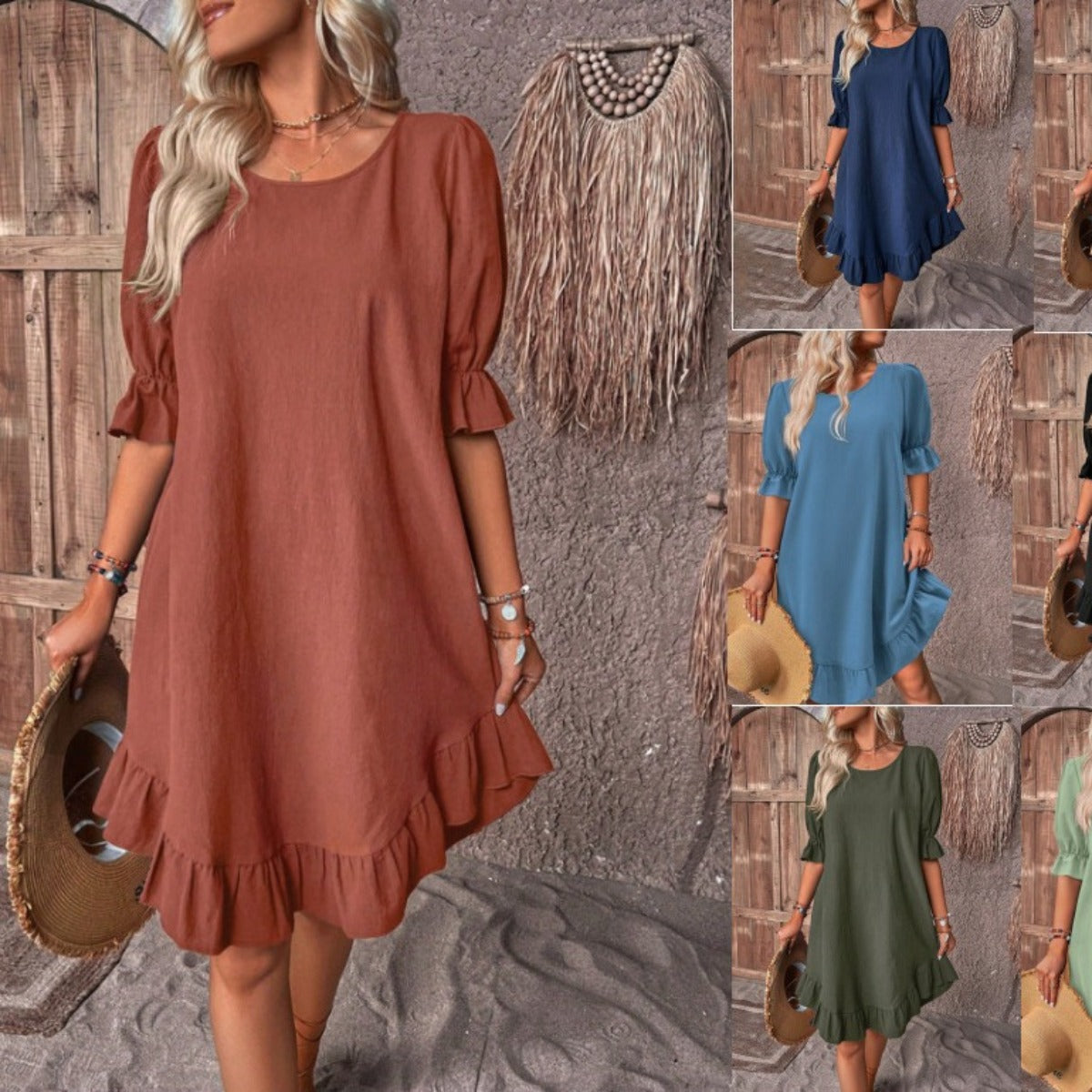 R&B | Mittlere Ärmel Rundhalsausschnitt solide Farbe lockeres Kleid