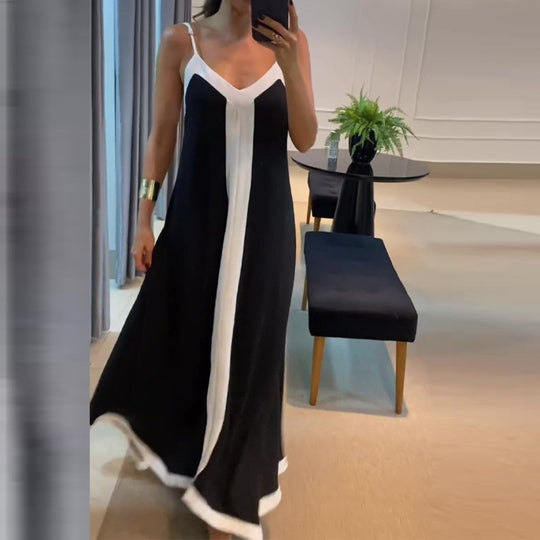 R&B | Kontrastfarbenes langes Kleid mit V-Ausschnitt und Strapsen