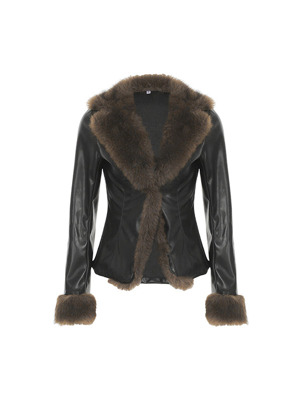 R&B | Amerikanischer Stil Pelzkragen Patchwork Lederjacke