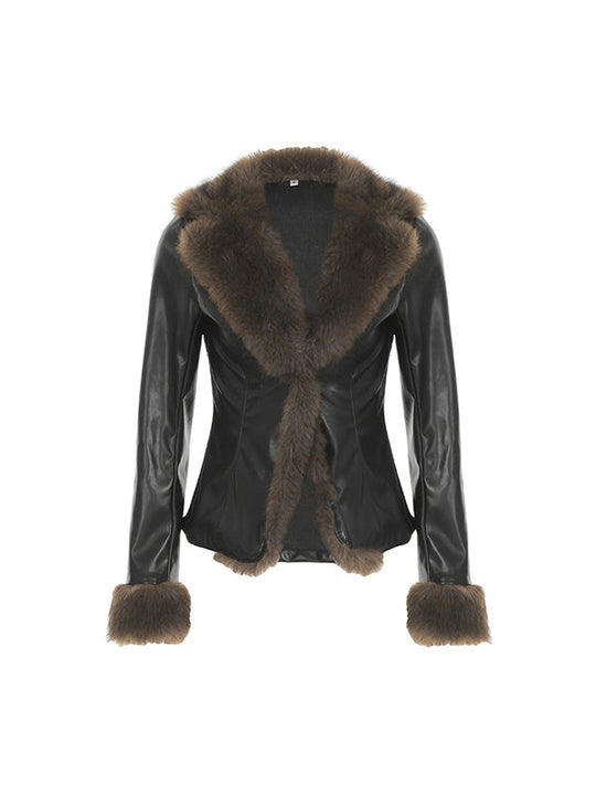 R&B | Amerikanischer Stil Pelzkragen Patchwork Lederjacke