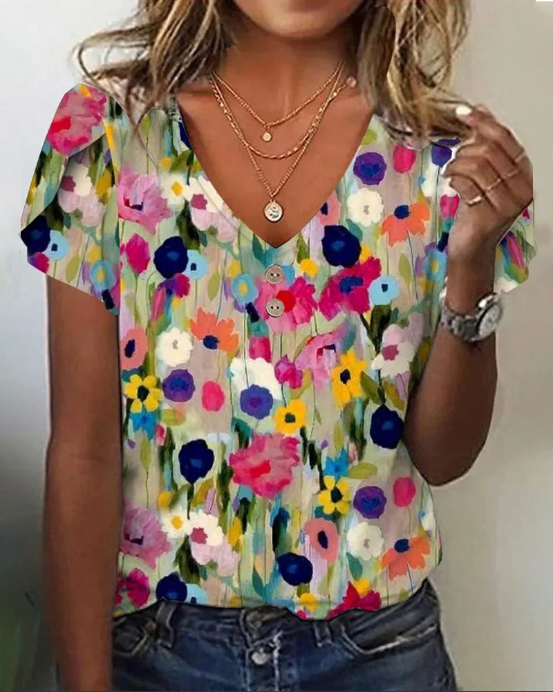 R&B | Kurzärmlige Farbenfrohe Blumenbluse mit V-Ausschnitt