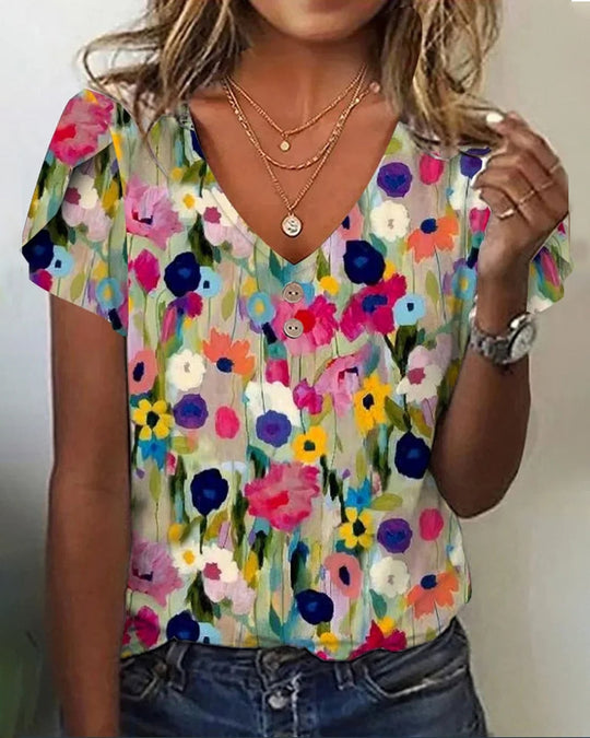 R&B | Kurzärmlige Farbenfrohe Blumenbluse mit V-Ausschnitt